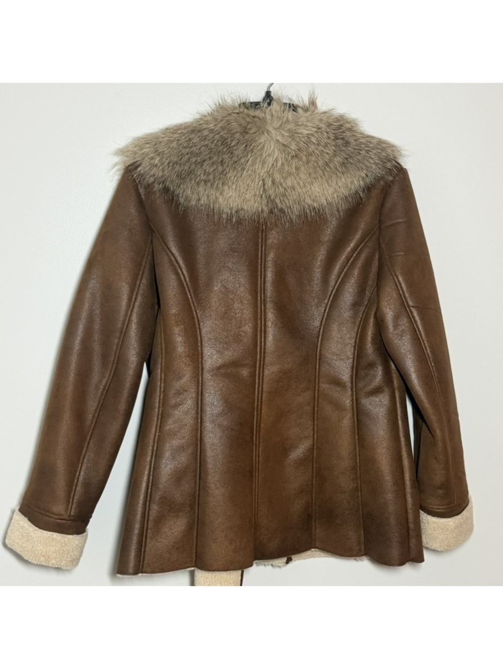 GUESS Brown Faux Shearling Jacket Faux Fur Collar Women’s Medium Y2K - Picture 2 of 6